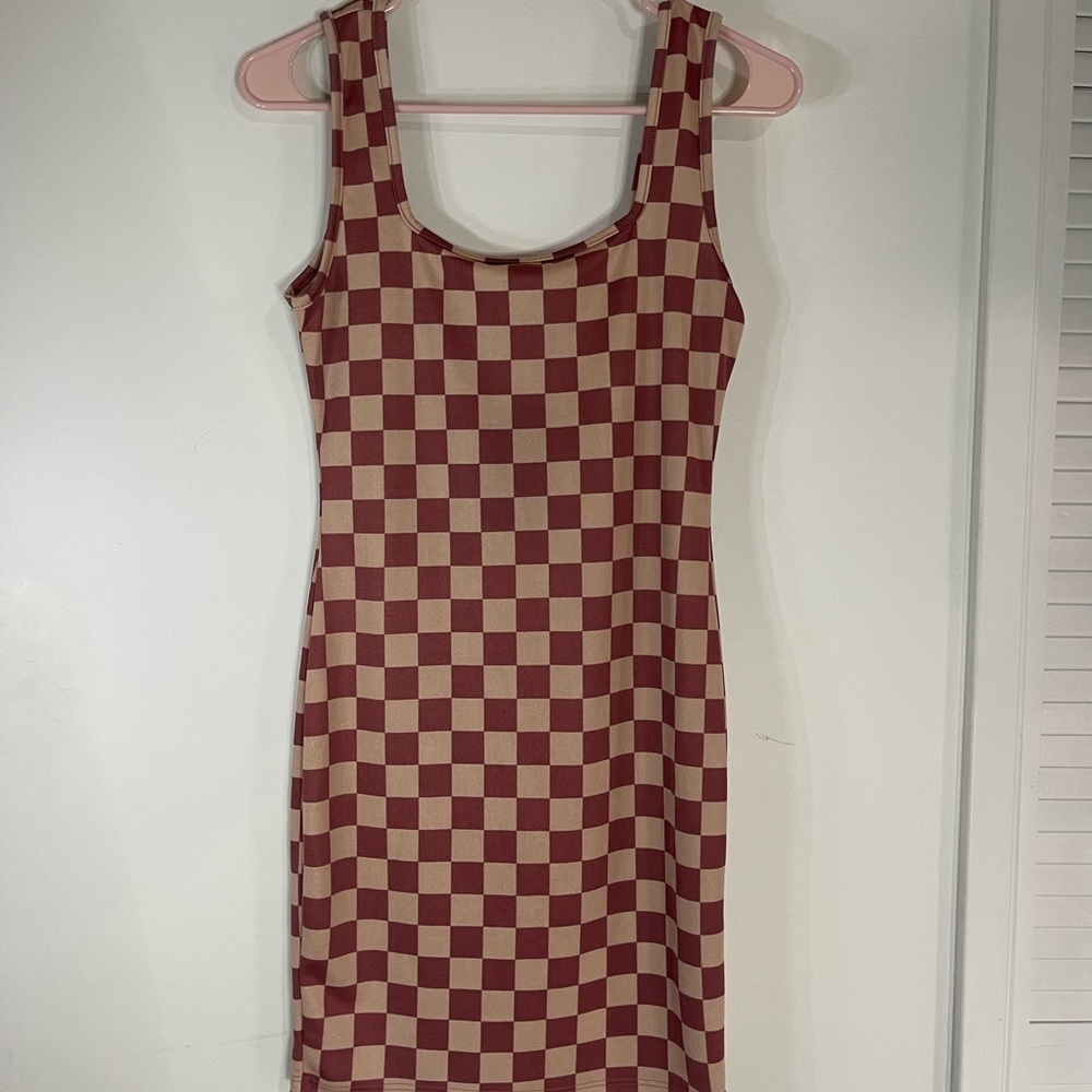 Fashion Nova Red and Cream Checkered Mini Dress
